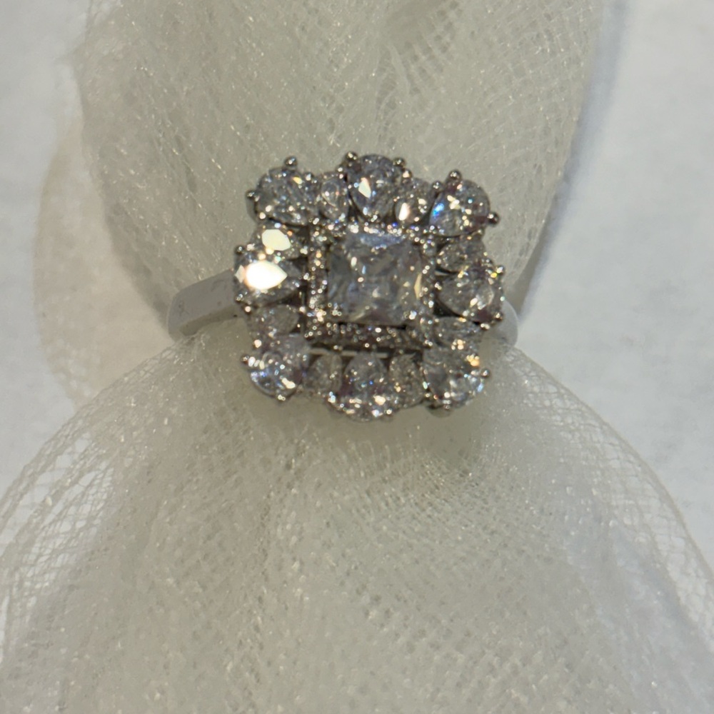 Elegant Silver-Tone Halo Cubic Zirconia Ring in White